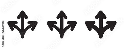 Three direction black arrow branch icons on grid background for choices and path selection graphic design.