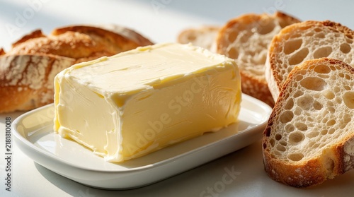 Softened yellow butter sits on white dish next to crusty bread slices. Morning meal staple  farm dairy product with artisan loaf. Freshness and simple food.