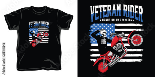 Blue and white veteran rider skeleton biker saluting with honor on two wheels text illustration on motorcycle.