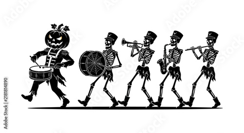 Skeletal musicians playing instruments black silhouette on a white background