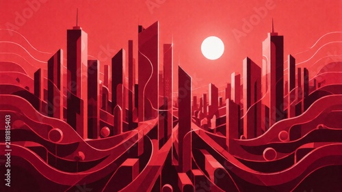 Monochromatic Red Futuristic Cityscape with Wavy Abstract Architecture
