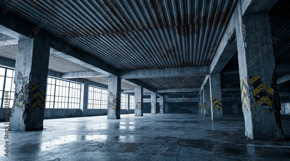 Obraz premium Abandoned brutalist parking garage interior | Gritty industrial concrete warehouse space | Urban decay architectural stock photo | Post-apocalyptic underground parking lot