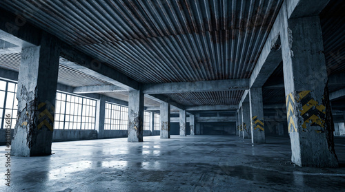 Abandoned brutalist parking garage interior | Gritty industrial concrete warehouse space | Urban decay architectural stock photo | Post-apocalyptic underground parking lot