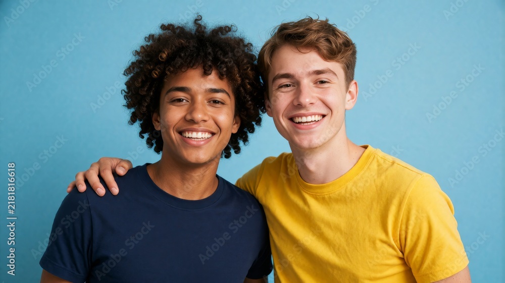 Obraz premium Smiling Young Multiethnic Men Embracing Against a Blue Background