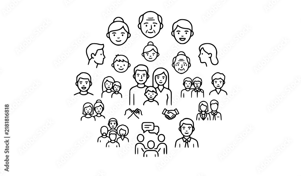 Obraz premium Human face and people group line icon collection for family friends team and community