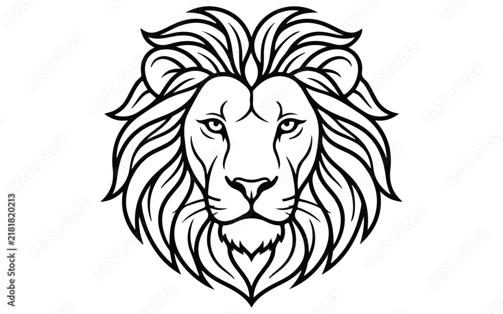 Fototapeta premium Black and white line art illustration of a majestic lion head facing forward isolated on white background