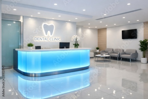 Modern dental clinic reception interior with illuminated blue front desk for medical office lobby background and signage