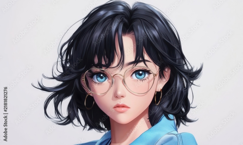 Fototapeta premium Woman with short hair and glasses is wearing a blue shirt