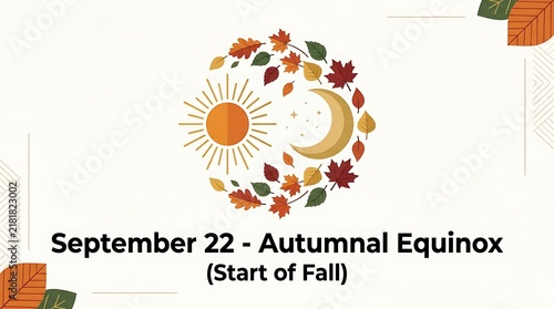 Autumnal equinox illustration with sun and moon symbols surrounded by colorful fall leaves for the September season