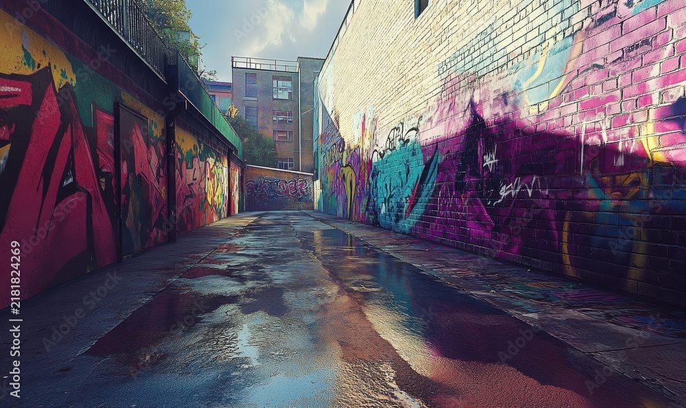 Fototapeta premium Vibrant street art alley with graffiti-covered walls, showcasing bold colors and dynamic expressions of urban culture.