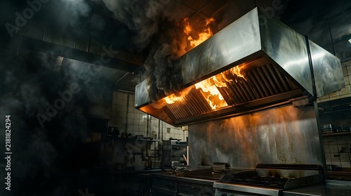 Industrial Kitchen Hood Fire Flames and Smoke in Commercial Kitchen