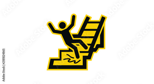 Yellow warning icon of person falling down stairs