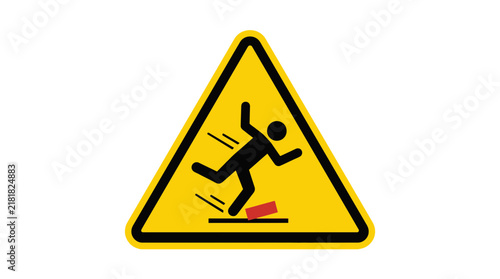 Yellow warning sign of person tripping over red brick
