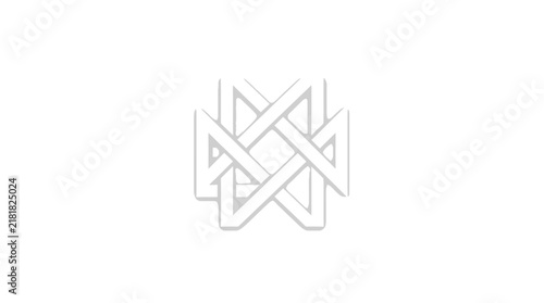 Geometric white knot logo on plain background.