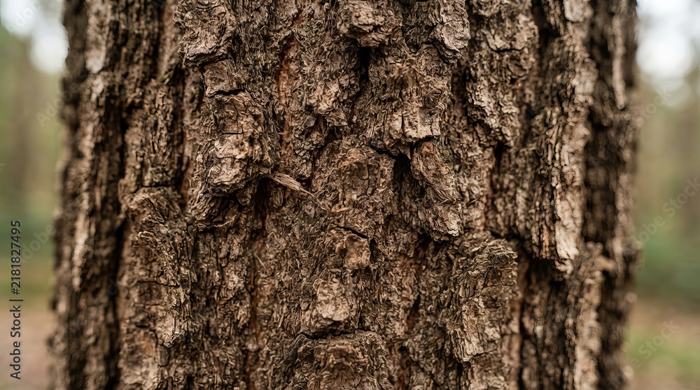 Fototapeta premium Close up of rough brown tree bark texture featuring natural patterns and unique surface details