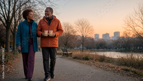 Stylish Mature Couple Taking Relaxed Evening Walk in Winter Park