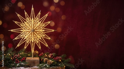 3d Christmas Day abstract background new 2026 Golden illuminated star decoration on festive base with greenery illustration