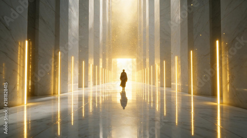 Futuristic Grand Hall with Illuminated Columns and Walking Silhouette