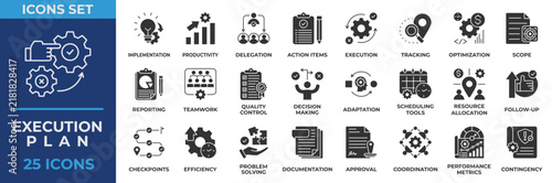 Execution Plan Icon Collection Set. Containing icon business, execution, plan, productivity, adaptation, schedule, tracking, optimization, teamwork, quality control. Solid Black Vector Illustration.
