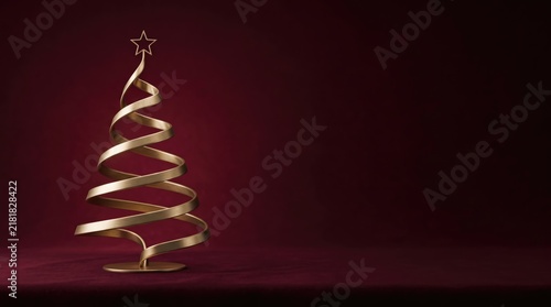 3d Christmas Day abstract background new 2026 Elegant golden ribbon christmas tree with star top on deep red background illustration