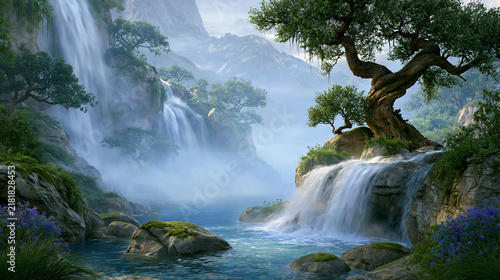 Forest Waterfall Flowing Into Turquoise Natural Pool