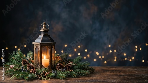 3d Christmas Day abstract background new 2026 Lit vintage lantern on a dark night with twinkling fairy lights and greenery illustration