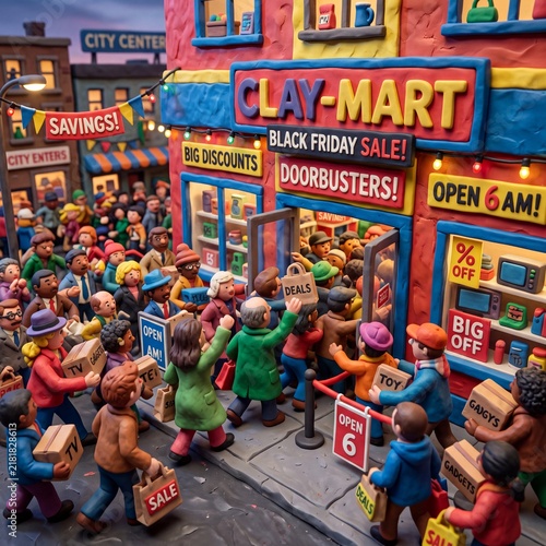 Clay Animation Crowd Rushing Store for Black Friday Sale