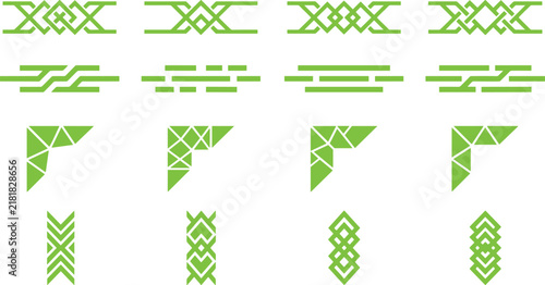 Green geometric borders and corners set with celtic knots and triangular pattern elements.