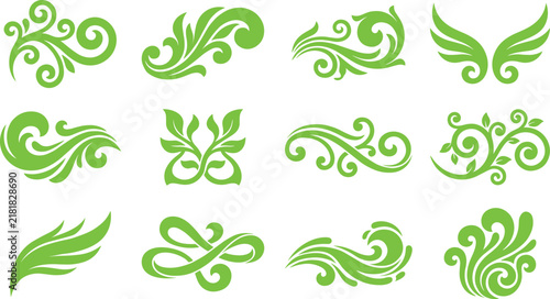 Green organic swirl flourishes set featuring elegant flowing leafy scroll graphic design.