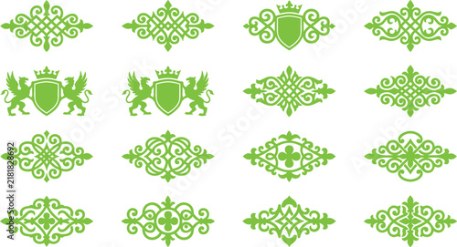 Green heraldic shields lions and ornate flourishes for vintage emblem design.