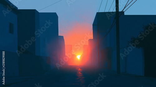 Sunrise Between Urban Buildings on Empty City Street