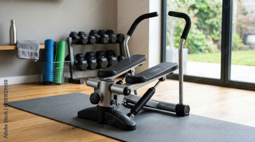 Obraz premium Home Gym Equipment Abdominal Crunch Machine with Dumbbells and Yoga Mats.