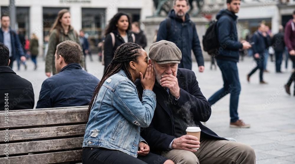 Fototapeta premium Young woman whispering secret to senior man sitting on city bench outdoors. Concept of gossip, sharing secret, listening, conversation, city square, rumor.