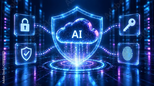 Naklejka AI Cloud Computing Cyber Security Shield and Data Privacy Protection Concept
