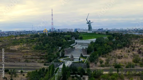Volgograd, Russia. Evening view of the sculpture Motherland Calls! on the Mamaev Kurgan in Volgograd. Cloudy weather. Drone footage, Point of interest