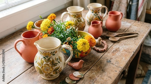 Rustic Charm Ensemble: A delightful collection of handcrafted ceramic pitchers, earthenware jugs, and vibrant marigold blooms are artfully arranged on a weathered wooden table.
