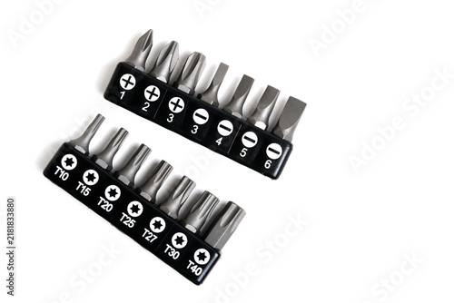 Canvastavla Set screwdriver bits in black holders, showing Torx, Phillips, and flat heads on white background