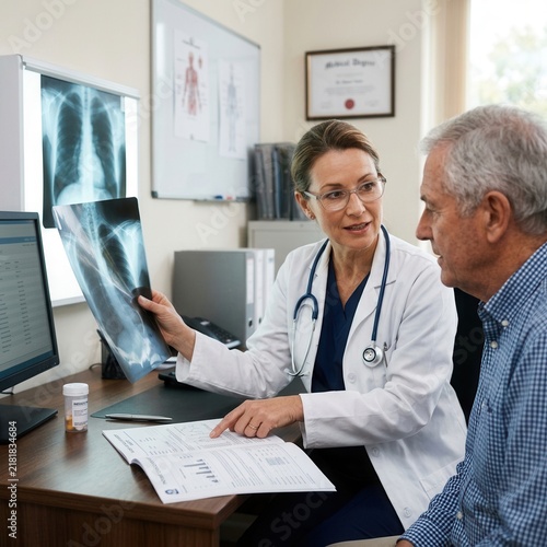 Doctor Explaining X-Ray Results To Patient In Consultation Room