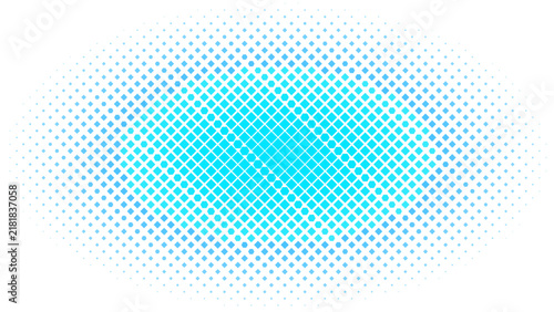Elliptical shape with a blue grid pattern fading into a dark background, with a halftone, dot gradient effect, and a central, bright cyan glow