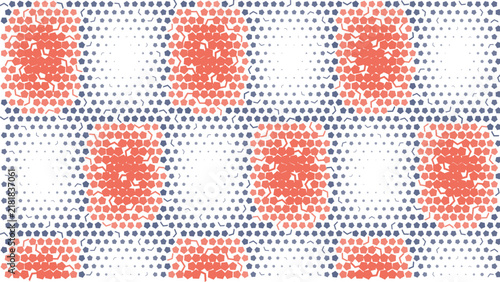 Geometric grid pattern with alternating blocks of coral pink and black circles on a dark blue background, creating a repeating, tile texture