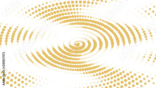 Golden yellow and black swirling spiral pattern made of small circular dots on a black background, forming a dynamic geometric vortex effect