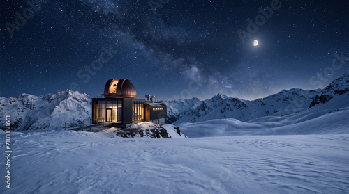 modern observatory on snowy mountain under starry night sky