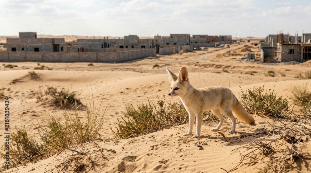 Fototapeta premium Fennec Fox in Desert: A Fennec fox stands on a sand dune in the desert, with abandoned buildings in the background under a clear sky.