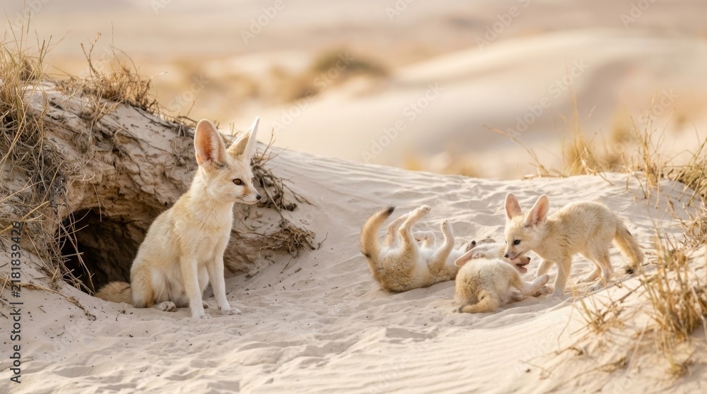 Fototapeta premium Fennec Fox Family in Desert Sands: A Fennec fox mother watches her playful pups tumble and frolic in the warm, soft sand dunes near their desert burrow.