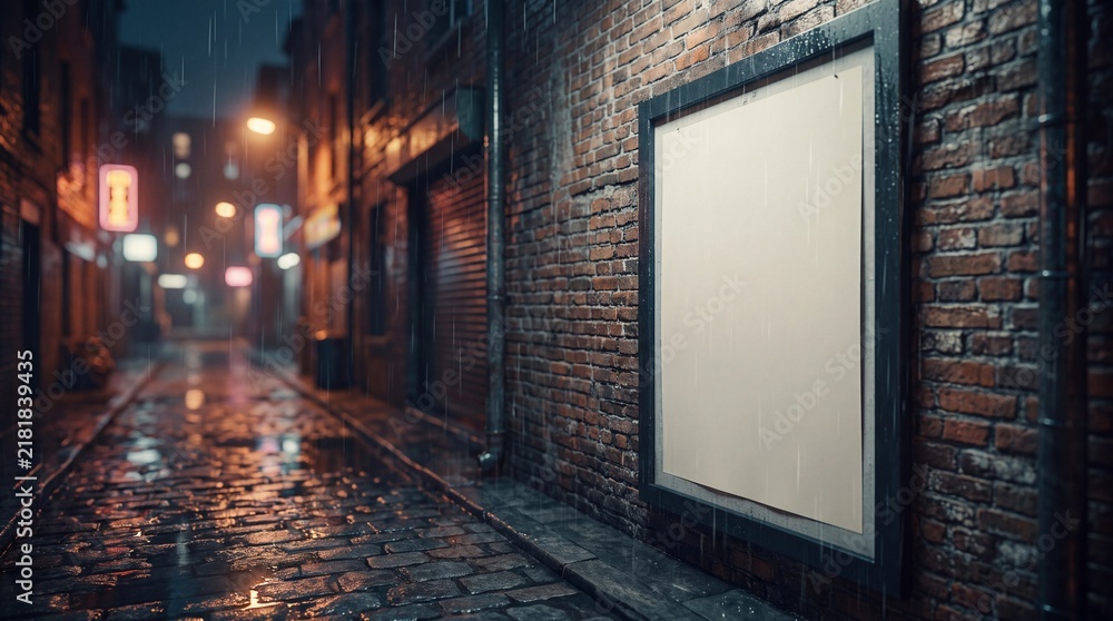 Fototapeta premium urban atmosphere design, a weathered brick wall displays a minimal poster, glistening from rain