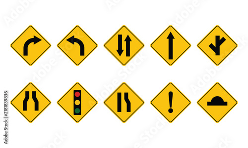 Yellow Diamond Road Curve and Junction Warning Signs Set.