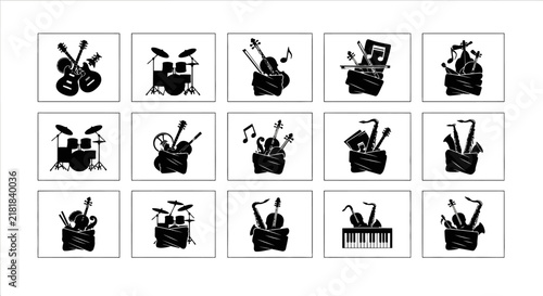 Black and white musical instrument icons in squares