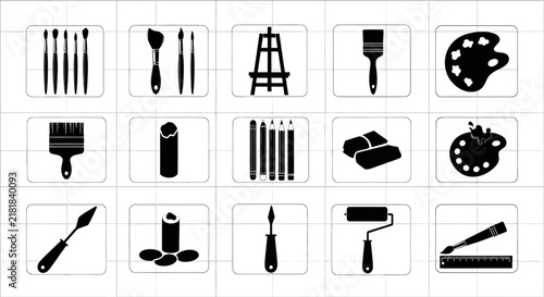 Painting tools and supplies on a grid background