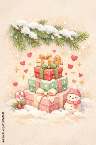 Stacked pastel christmas gift pile with pine branch snow, snowman and gingerbread for holiday greeting card background and festive poster or banner design