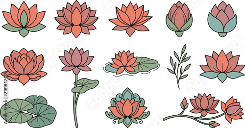 Colored Lotus Flower Vector Icon Set Featuring Pink Water Lily Blooms Buds and Leaves for Elegant Floral Graphic Designs